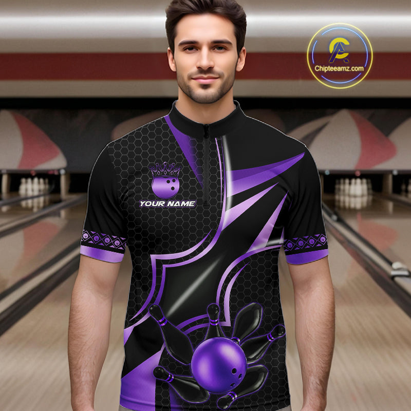 Man wearing a black and purple quarter zip bowling shirt front view, personalized bowling team apparel.