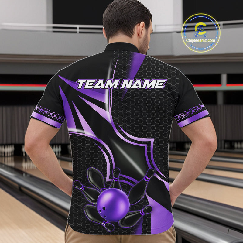 Back view of man wearing a black and purple quarter zip bowling shirt, bowling league team uniform.