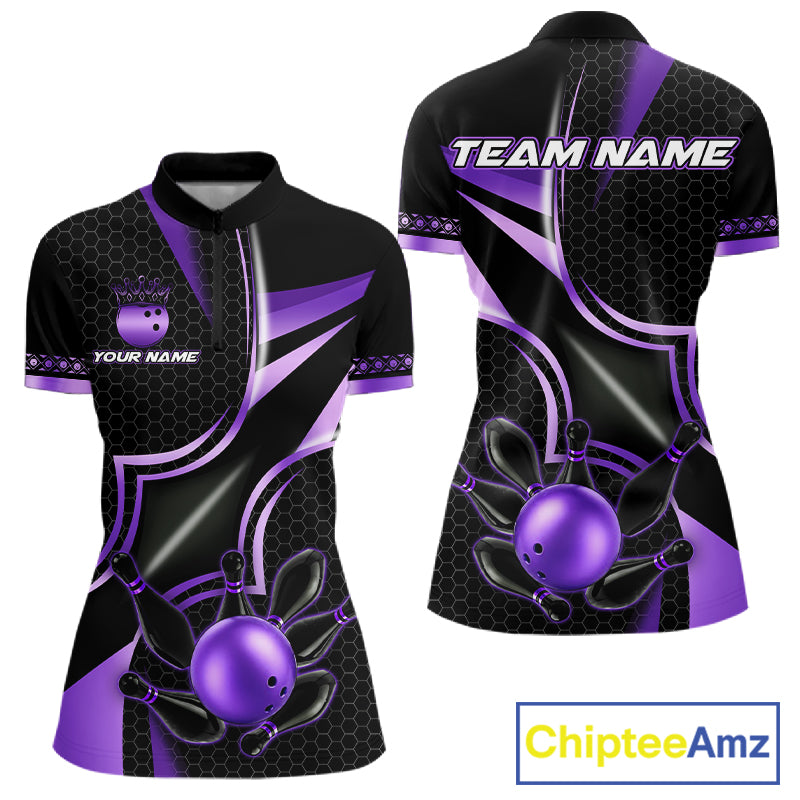 Black and purple quarter zip bowling shirt for women, custom bowling team jersey and tournament apparel.