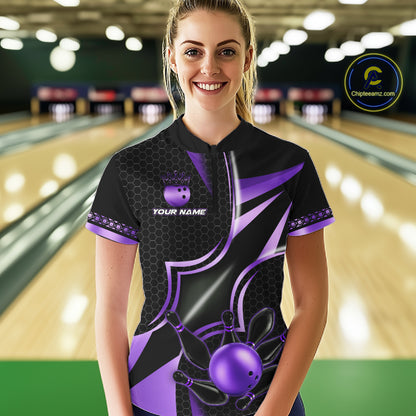 Woman wearing a black and purple quarter zip bowling shirt front view, personalized bowling team apparel.