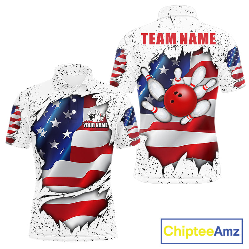 White grunge American flag custom bowling polo shirt for men, patriotic bowling team jersey for league tournaments.
