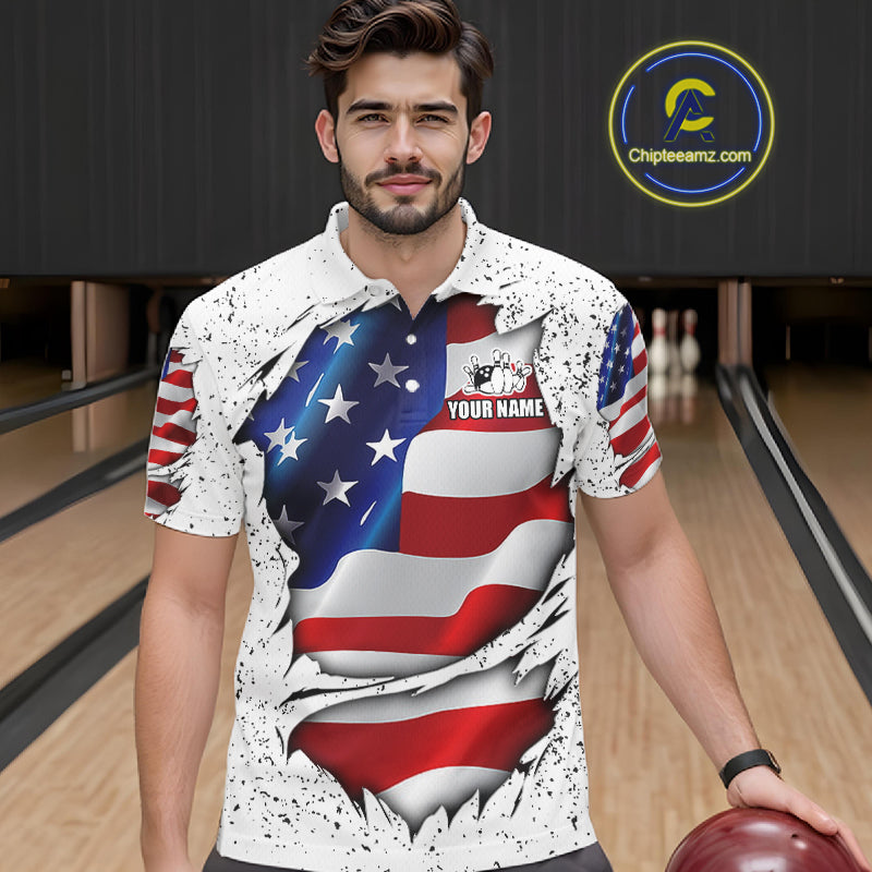 Man wearing a white grunge American flag bowling polo shirt front view, custom bowling league jersey for men.