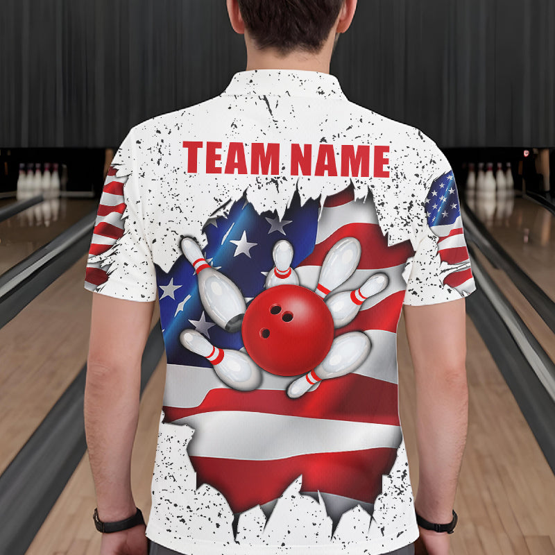 Back view of man wearing a white grunge American flag bowling polo shirt, custom bowling team jersey design.
