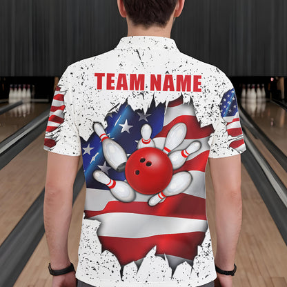 Back view of man wearing a white grunge American flag bowling polo shirt, custom bowling team jersey design.