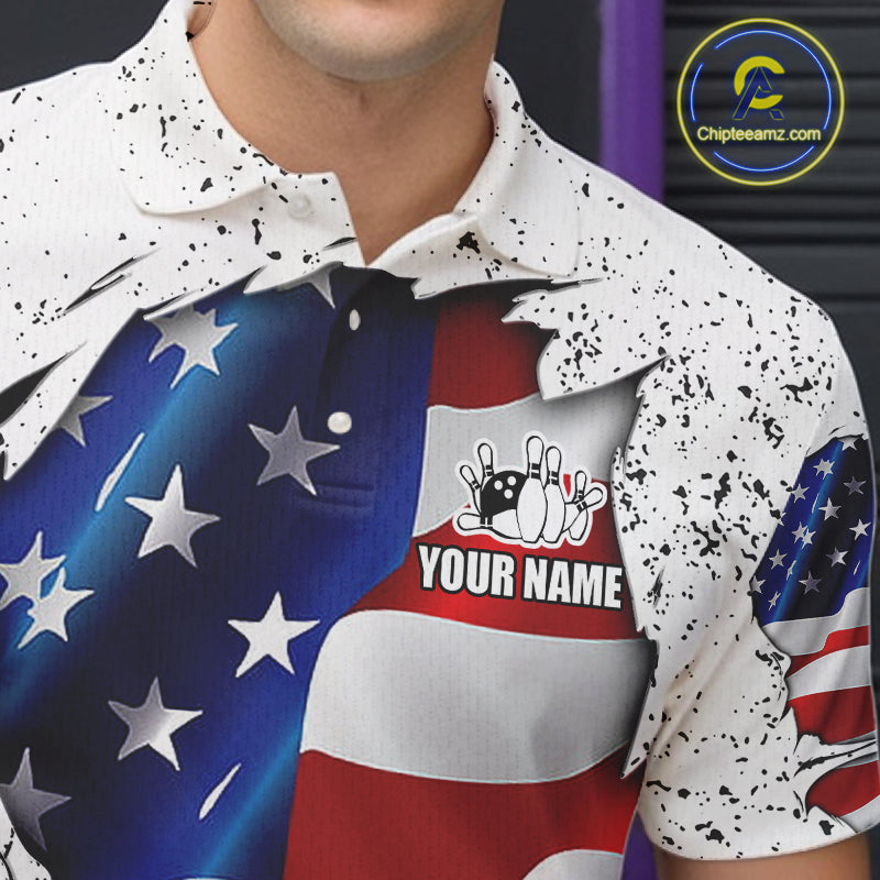Close up of collar, chest and button details on a white grunge American flag men's bowling polo shirt.