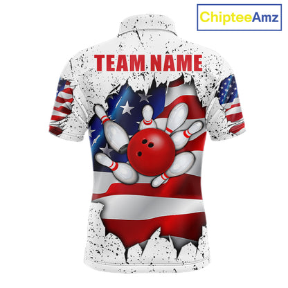 White grunge American flag bowling team polo shirt for men with distressed USA flag graphics.