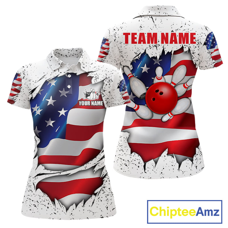 White grunge American flag custom bowling polo shirt for women, patriotic bowling team jersey for league tournaments.