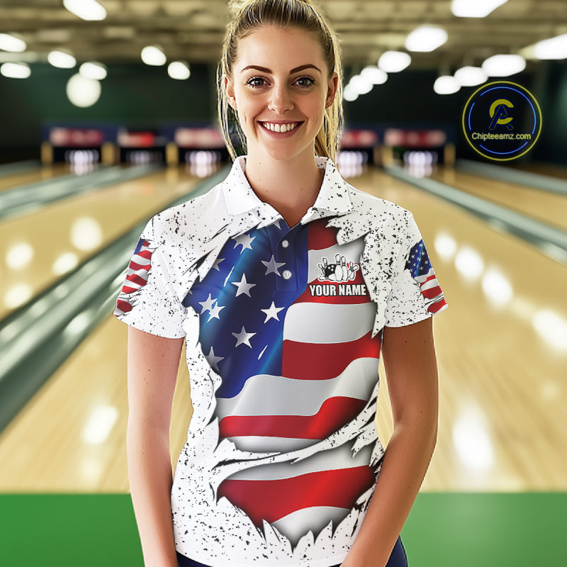 Woman wearing a white grunge American flag bowling polo shirt front view, custom bowling league jersey for women.