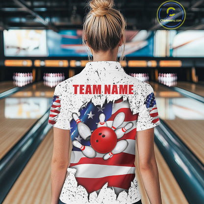 Back view of woman wearing a white grunge American flag bowling polo shirt, custom bowling team jersey design.