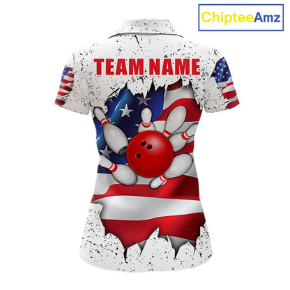 White grunge American flag bowling team polo shirt for women with distressed USA flag graphics.