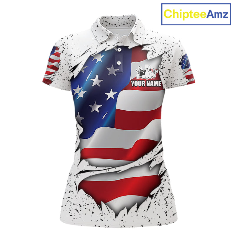 White grunge American flag custom bowling polo shirt for women, patriotic bowling team jersey for league tournaments.