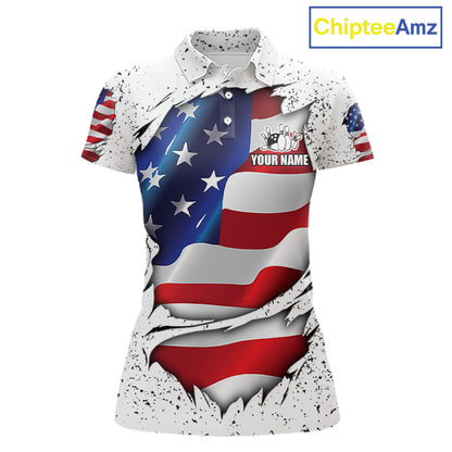 White grunge American flag custom bowling polo shirt for women, patriotic bowling team jersey for league tournaments.