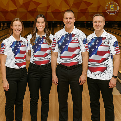 Bowling team wearing matching white grunge American flag custom bowling jerseys front view.