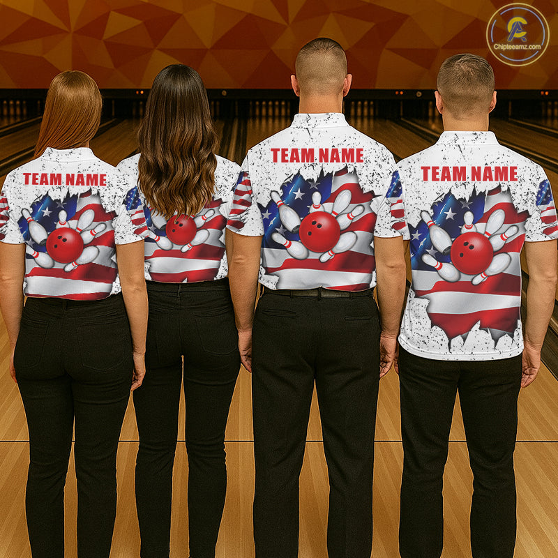 Back view of bowling team wearing matching white grunge American flag bowling league jerseys.