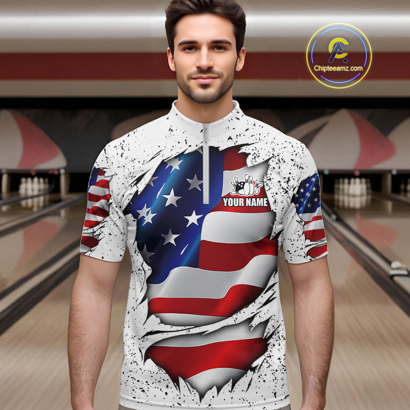 Man wearing a white grunge American flag quarter zip bowling shirt front view, personalized bowling team apparel.