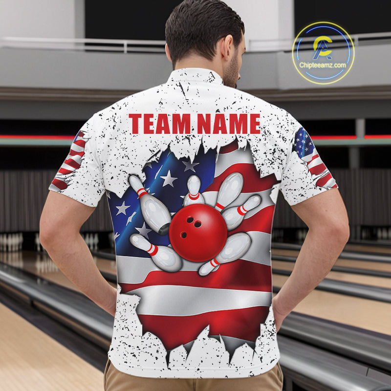 Back view of man wearing a white grunge American flag quarter zip bowling shirt, bowling league team uniform.