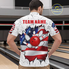 Load image into Gallery viewer, Back view of man wearing a white grunge American flag quarter zip bowling shirt, bowling league team uniform.