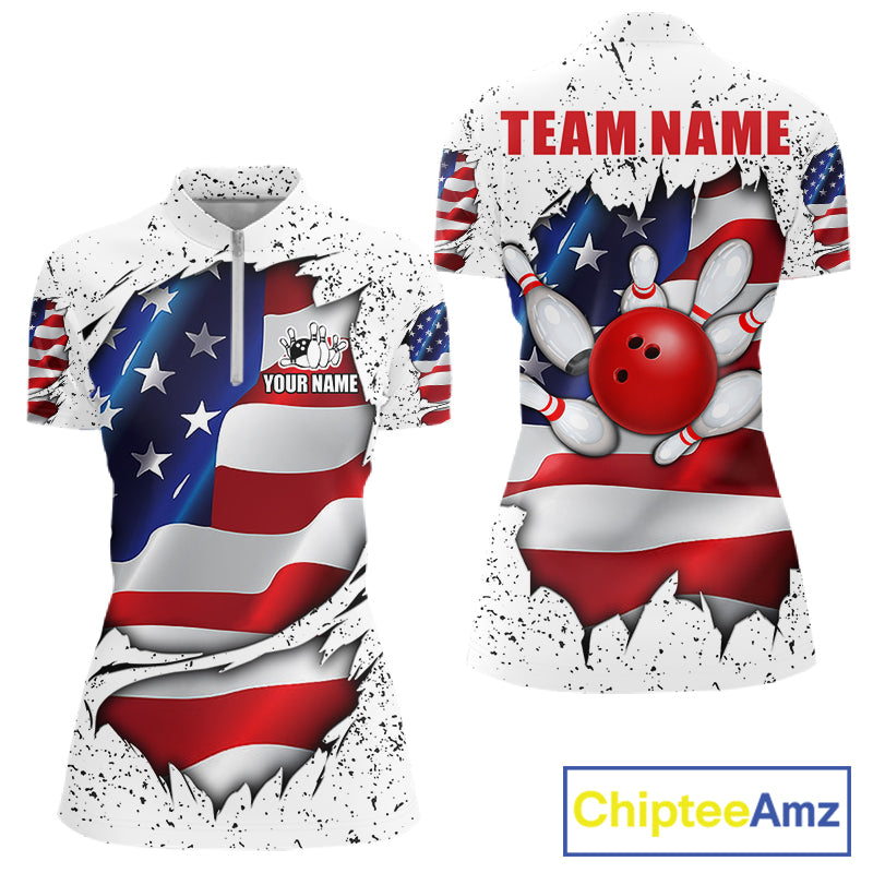 White grunge American flag quarter zip bowling shirt for women, custom bowling team jersey and tournament apparel.