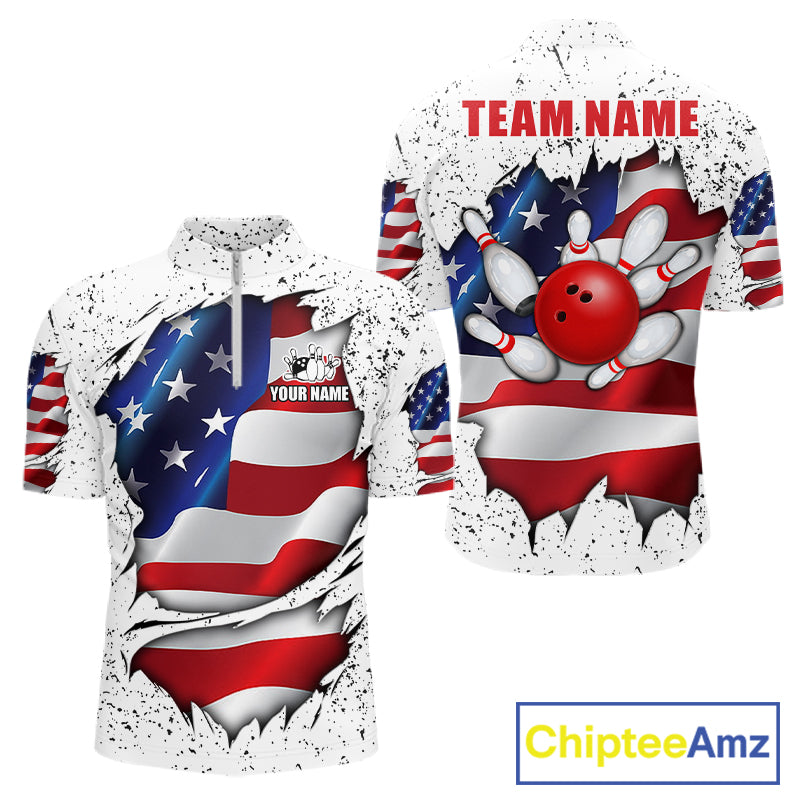 White grunge American flag quarter zip bowling shirt for men, custom bowling team jersey and tournament apparel.