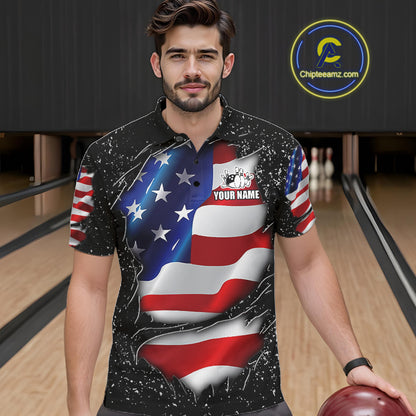 Man wearing a black grunge American flag bowling polo shirt front view, custom bowling league jersey for men.