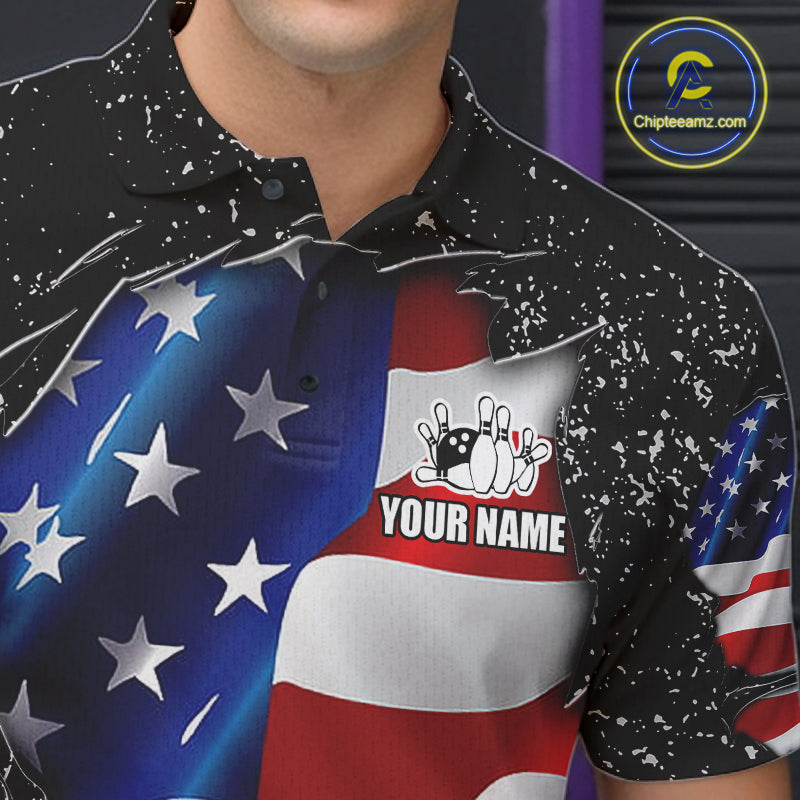 Close up of collar, chest and button details on a black grunge American flag men's bowling polo shirt.