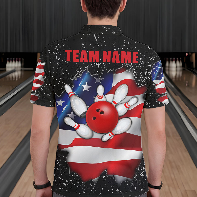 Back view of man wearing a black grunge American flag bowling polo shirt, custom bowling team jersey design.