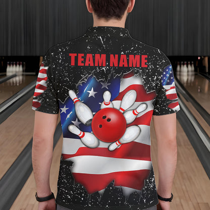 Back view of man wearing a black grunge American flag bowling polo shirt, custom bowling team jersey design.