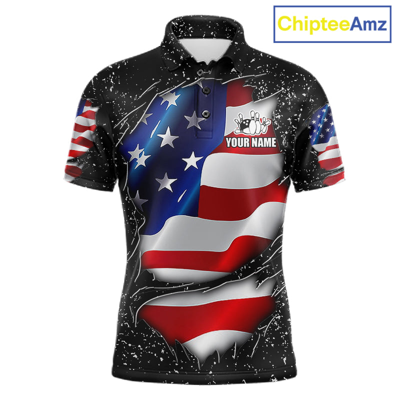 Black grunge American flag custom bowling polo shirt for men, patriotic bowling team jersey for league tournaments.