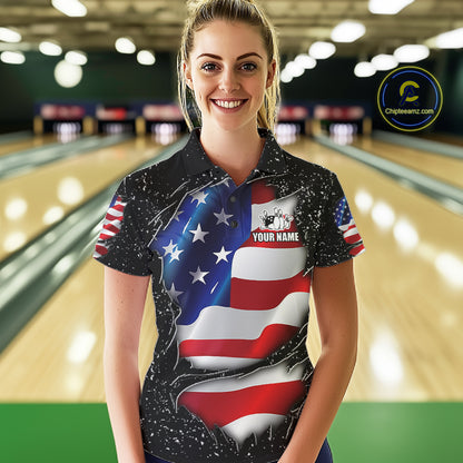 Woman wearing a black grunge American flag bowling polo shirt front view, custom bowling league jersey for women.