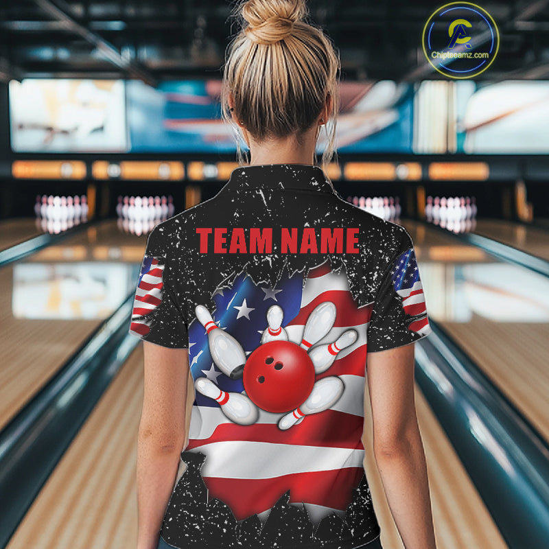 Back view of woman wearing a black grunge American flag bowling polo shirt, custom bowling team jersey design.