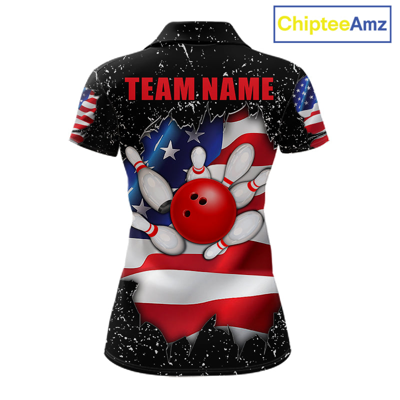 Black grunge American flag bowling team polo shirt for women with distressed USA flag graphics.