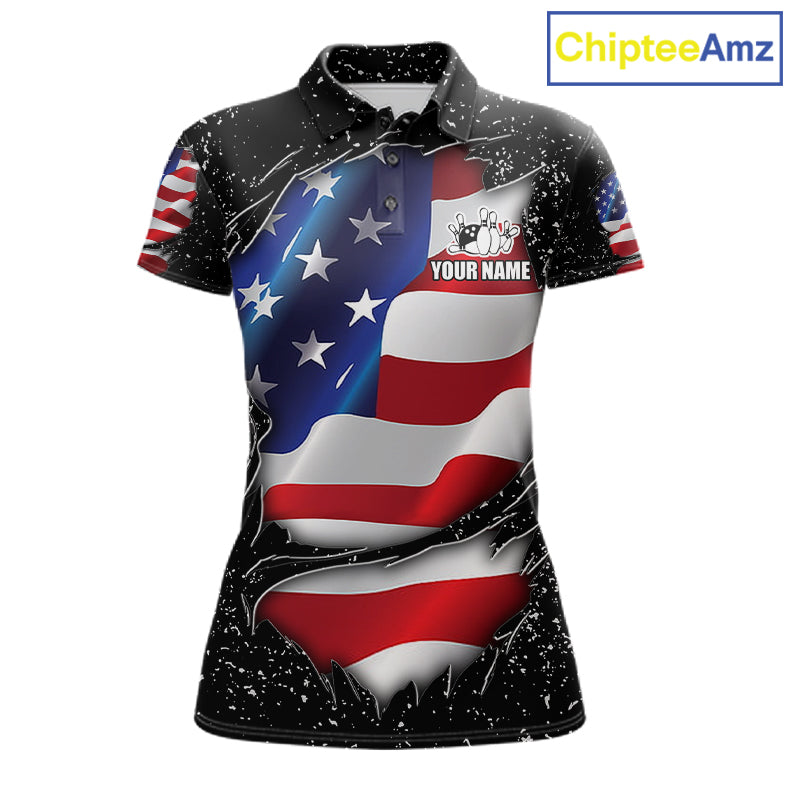 Black grunge American flag custom bowling polo shirt for women, patriotic bowling team jersey for league tournaments.