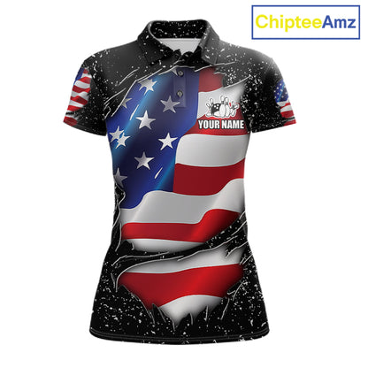Black grunge American flag custom bowling polo shirt for women, patriotic bowling team jersey for league tournaments.