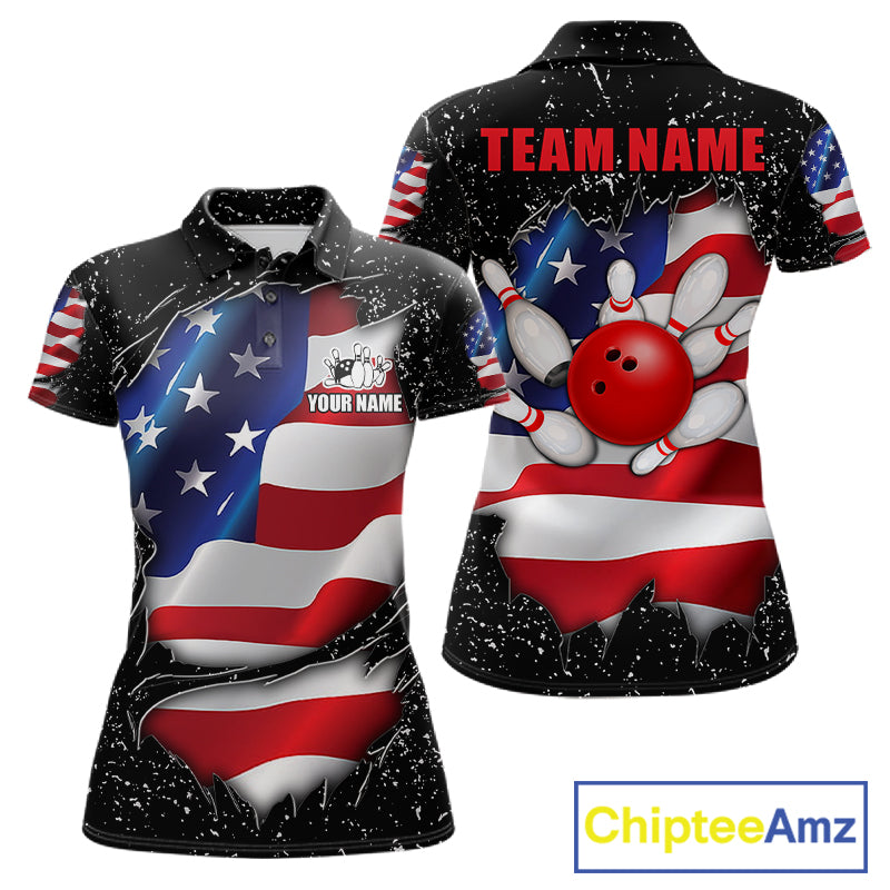 Black grunge American flag custom bowling polo shirt for women, patriotic bowling team jersey for league tournaments.