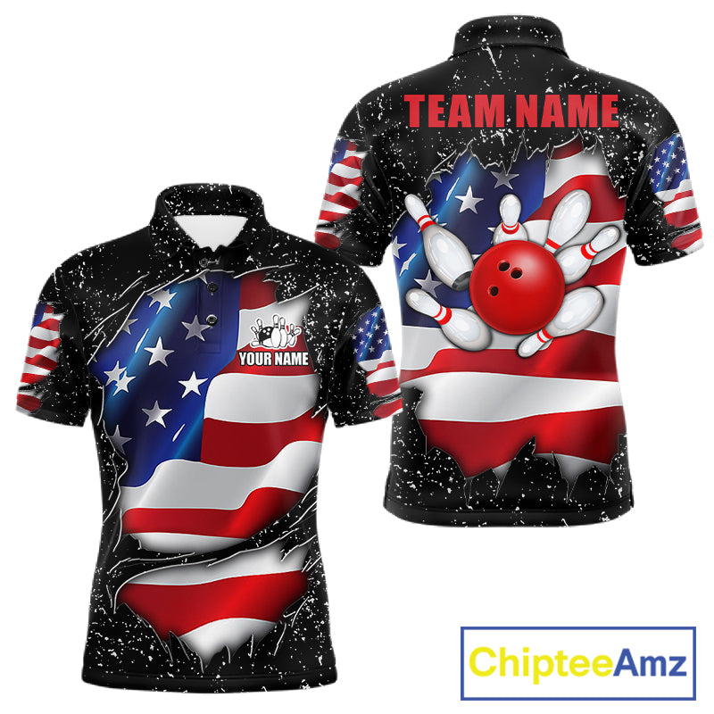 Black grunge American flag custom bowling polo shirt for men, patriotic bowling team jersey for league tournaments.