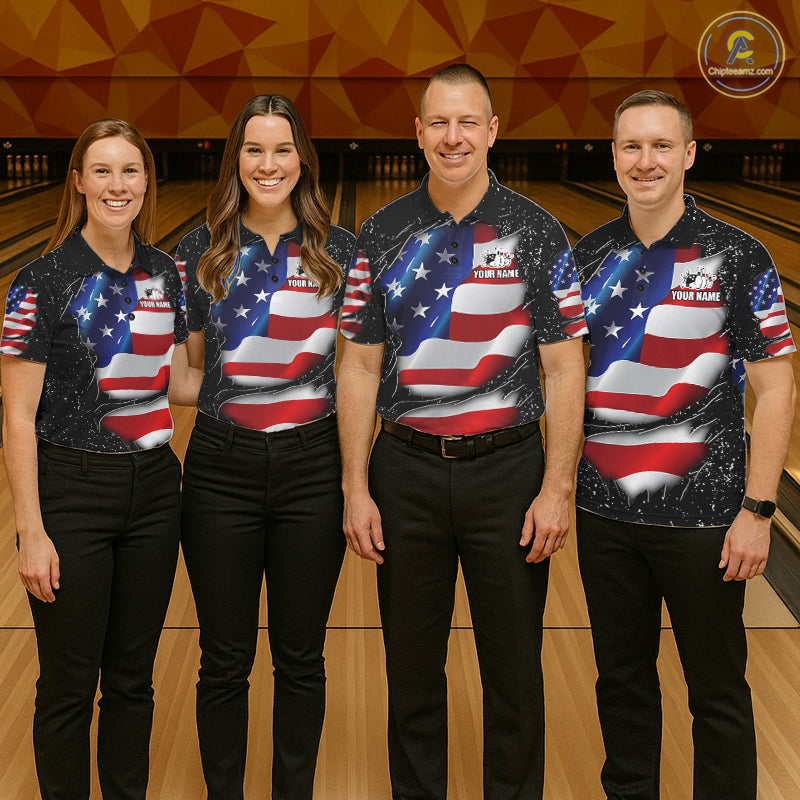 Bowling team wearing matching black grunge American flag custom bowling jerseys front view.