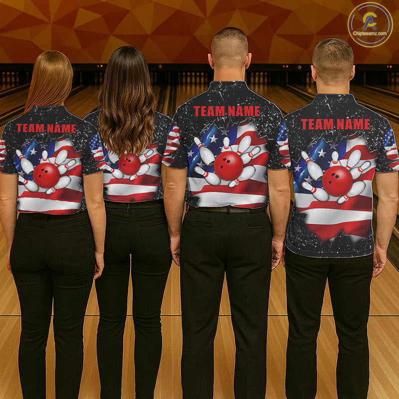 Back view of bowling team wearing matching black grunge American flag bowling league jerseys.
