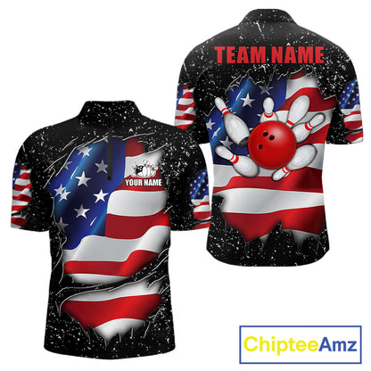 Black grunge American flag quarter zip bowling shirt for men, custom bowling team jersey and tournament apparel.