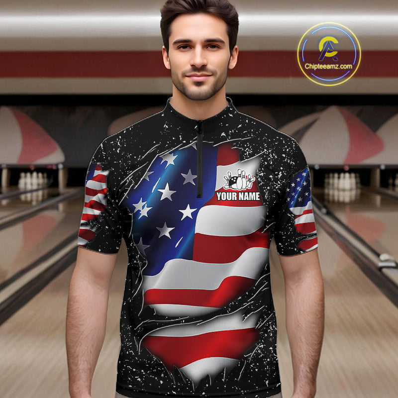 Man wearing a black grunge American flag quarter zip bowling shirt front view, personalized bowling team apparel.
