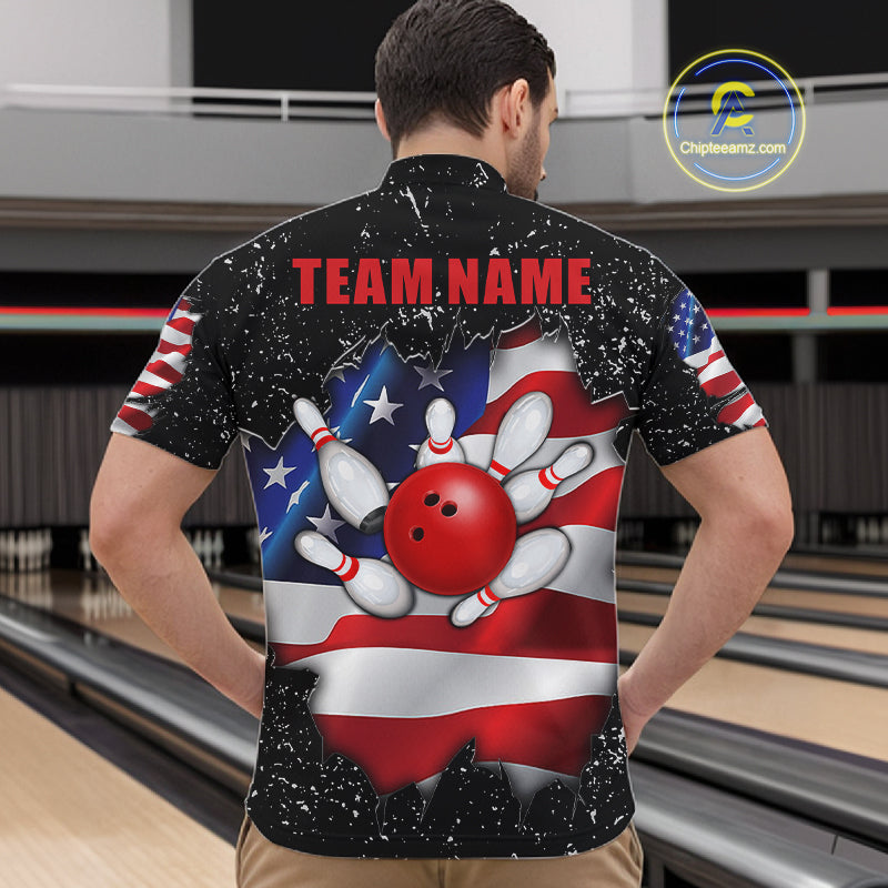 Back view of man wearing a black grunge American flag quarter zip bowling shirt, bowling league team uniform.