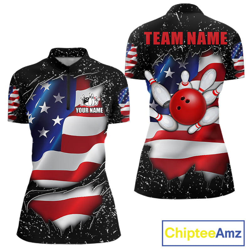 Black grunge American flag quarter zip bowling shirt for women, custom bowling team jersey and tournament apparel.