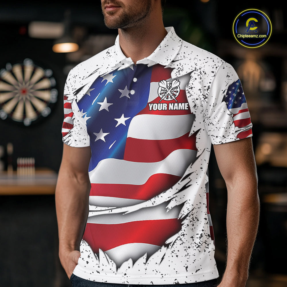 Man wearing a white grunge American flag darts jersey front view, personalized patriotic darts team shirt.