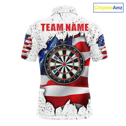 White grunge American flag darts team polo shirt for men with distressed USA flag graphics.