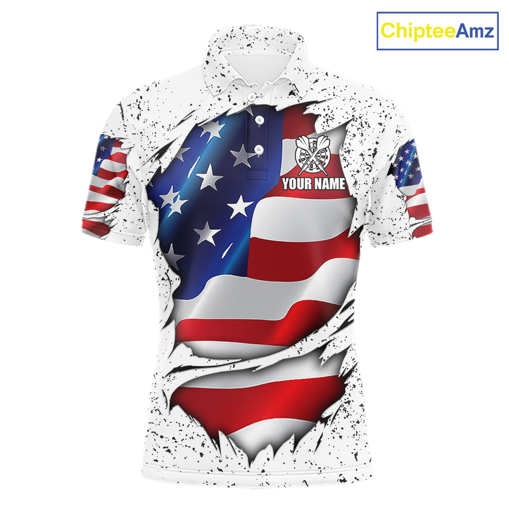 White grunge American flag custom darts polo shirt for men, patriotic darts team jersey for league tournaments.