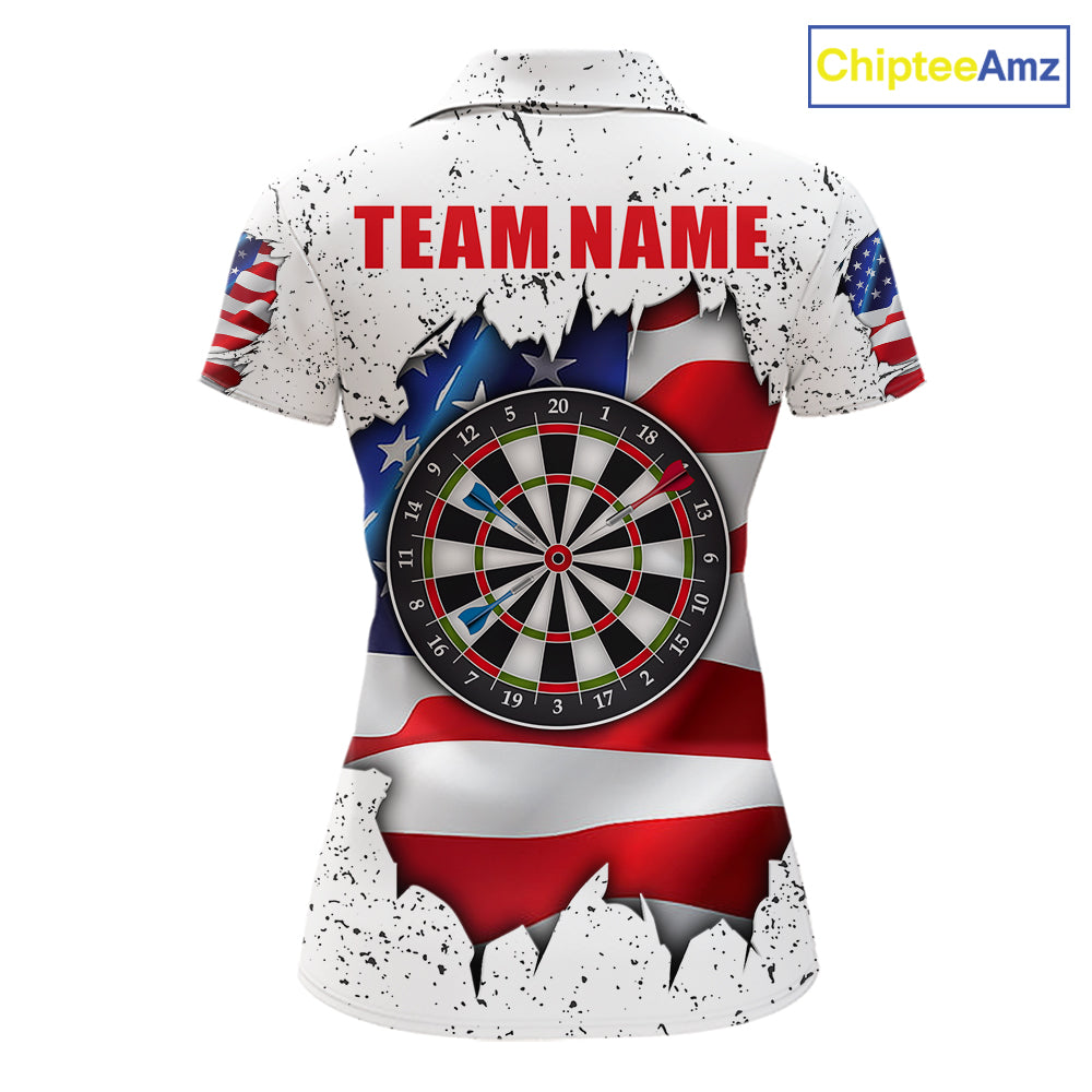 White grunge American flag darts team polo shirt for women with distressed USA flag graphics.