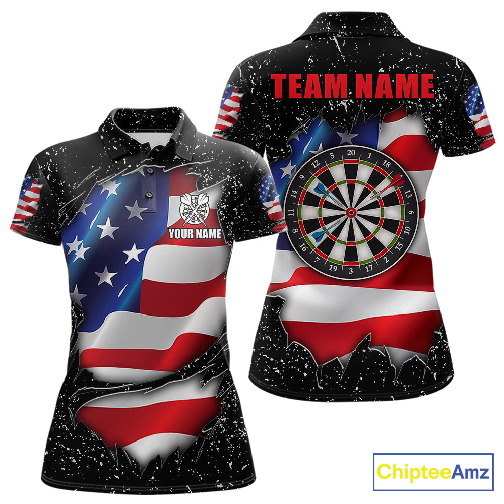 Black grunge American flag custom darts polo shirt for women, patriotic darts team jersey for league tournaments.