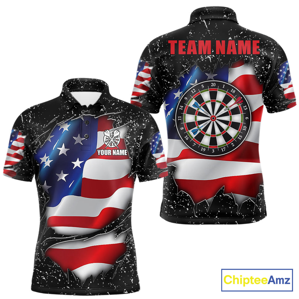 Black grunge American flag custom darts polo shirt for men, patriotic darts team jersey for league tournaments.