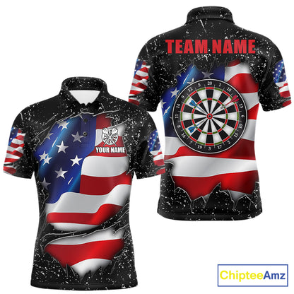 Black grunge American flag custom darts polo shirt for men, patriotic darts team jersey for league tournaments.