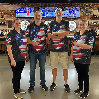 Darts team wearing matching black grunge American flag custom darts jerseys front view.