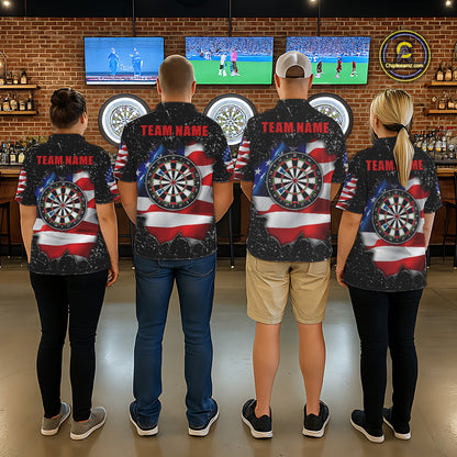 Back view of darts team wearing matching black grunge American flag darts shirts.